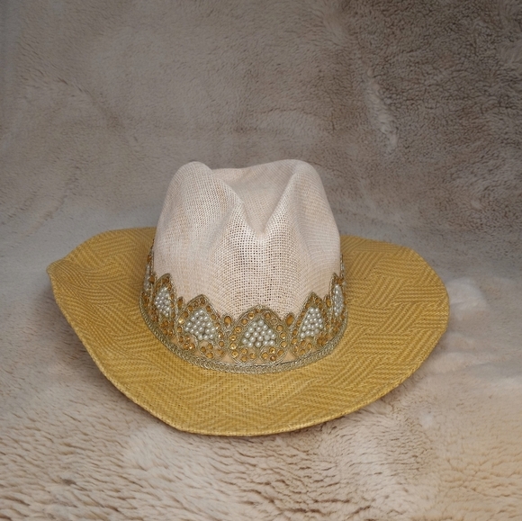 Pasionarte Hand Made One Of A Kind Straw Cowboy Hat With Tassles And Pearls